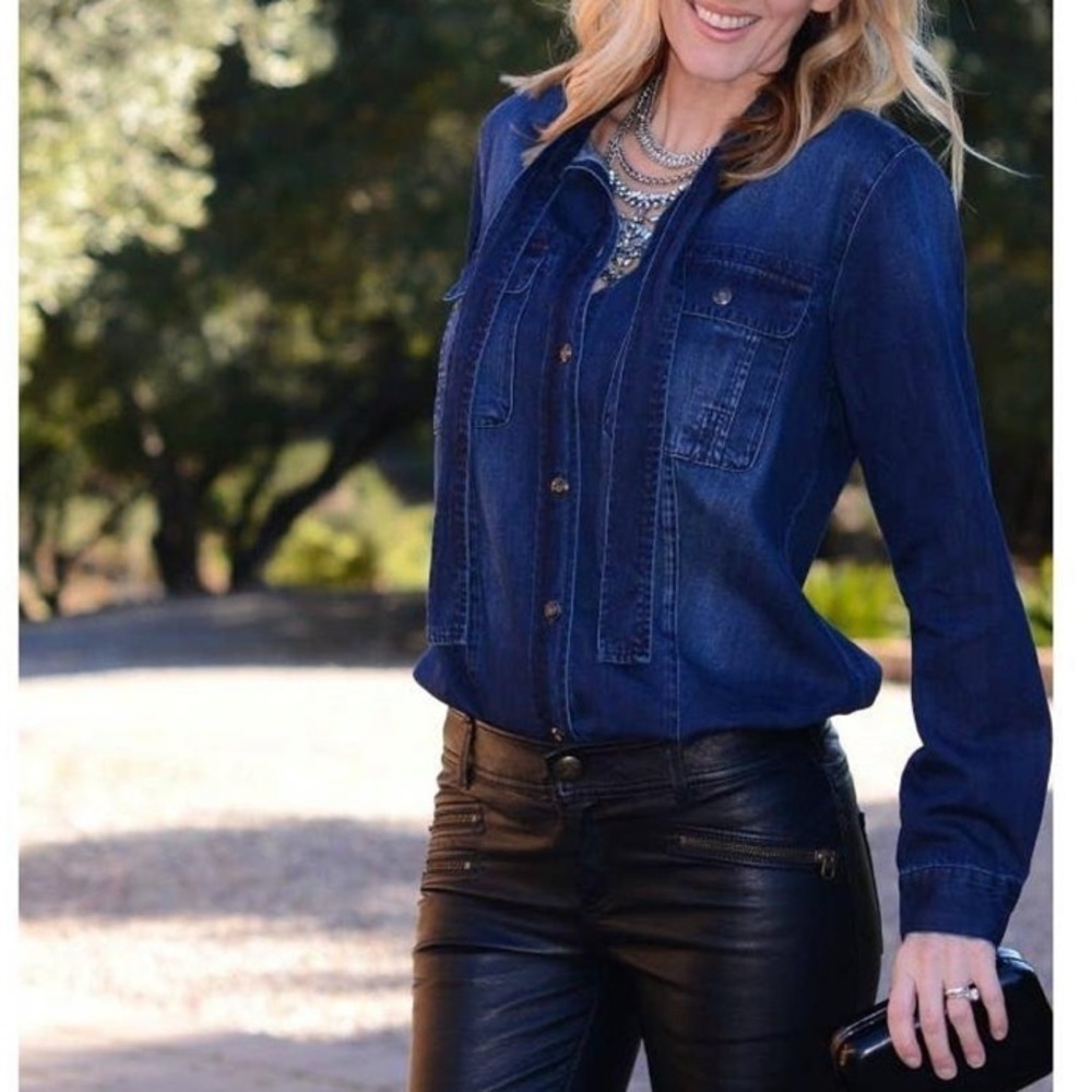 Cabi Dark Denim Bow Tie Neckline Button Front Boho Chic Blouse Medium